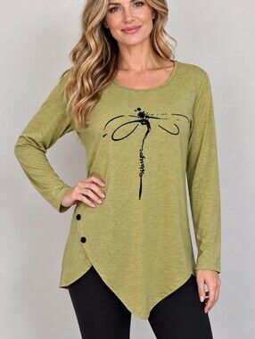 Assymetric Button Embellished Dragonfly Sage Green Long Sleeve Tunic